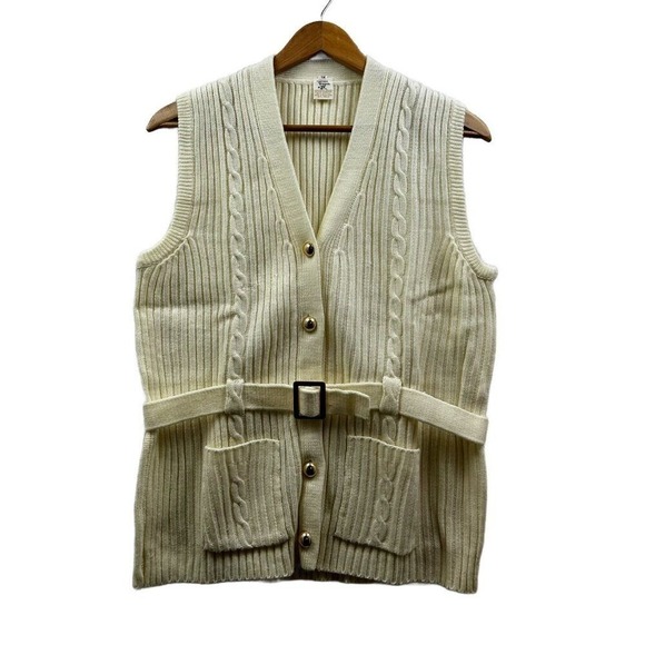 Fashion Wagon Vintage Sweater Vest Women XL Cream Belted Cable Knit Cottagecore - Picture 4 of 7